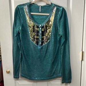 Free People top. Long sleeve. Button neckline. Green. Bejeweled. Size M.